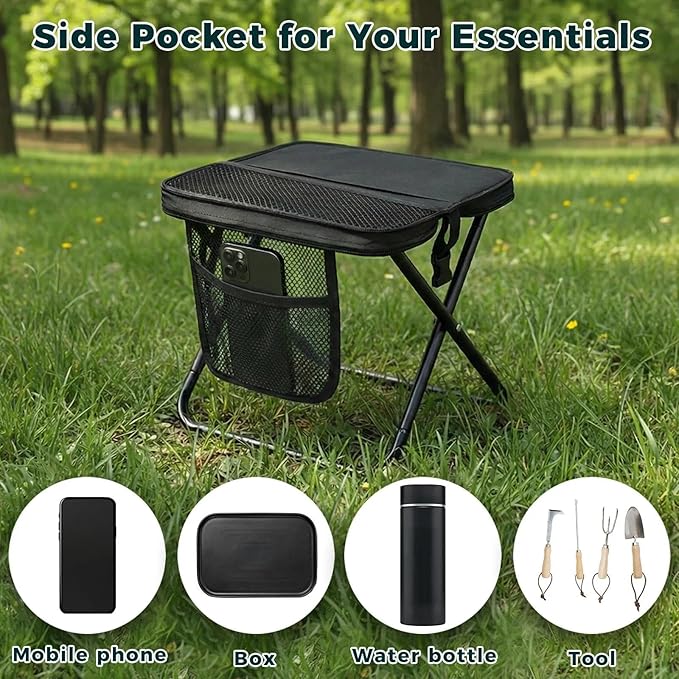 12" Portable Collapsible Stool - Folding Chair with Storage Pouch, Convertible Satchel for Hands-Free Carry & Supports 265Lbs, Ultralight for Hiking, Fishing, Camping, Festivals (Black, Standard)