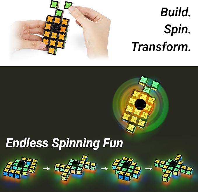 TOSY Magnet Fidget Spinner Glow - 16 Blocks, 3in1 Toy: Transformable Fidget Spinner, Infinity/Puzzle Cube, Easter Basket Stuffers Gift for Kids/Adults, Glowing STEM Sensory Stress Relief