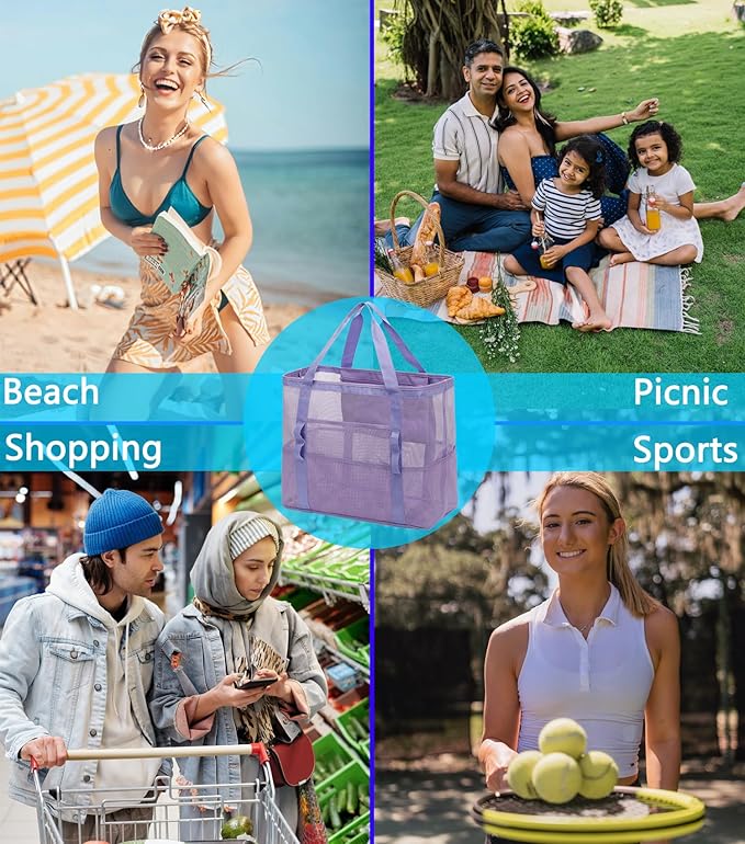 Fammart Mesh Beach Bag with Zipper, Large Beach Tote for Women, Toys Pool Swim Bag Travel Vacation Cruise Essentials