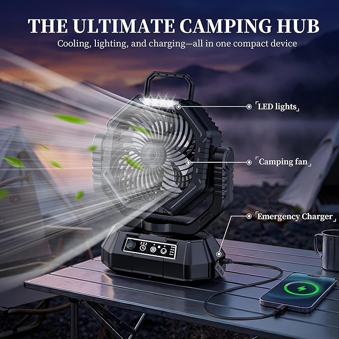 AJVV Camping Fan with Light, Remote and Oscillation, Battery Powered Hanging Tent Fan, Rechargeable Portable for Camp, Outdoor, Emergencies, Fishing, RV Travel, Jobsite