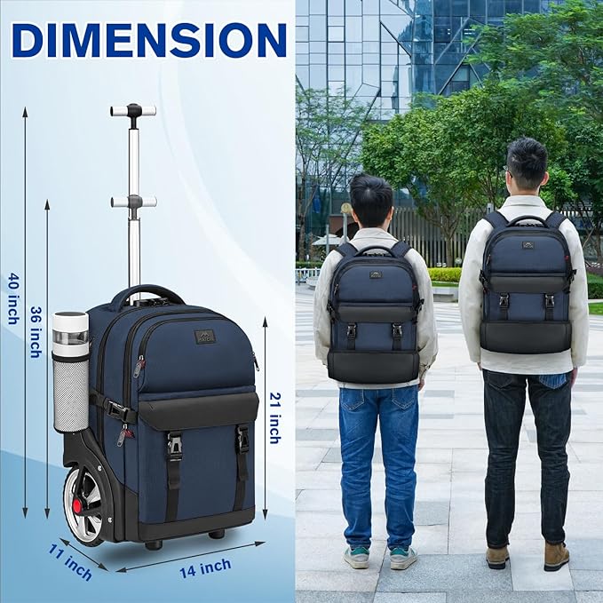 MATEIN Rolling Backpack with Wheels, 17 Inch Large Roller Backpack with Combination Lock, Water Resistant Anti Theft Travel Wheeled Backpacks Laptop Back Pack for Men Women Work Business Commute, Blue