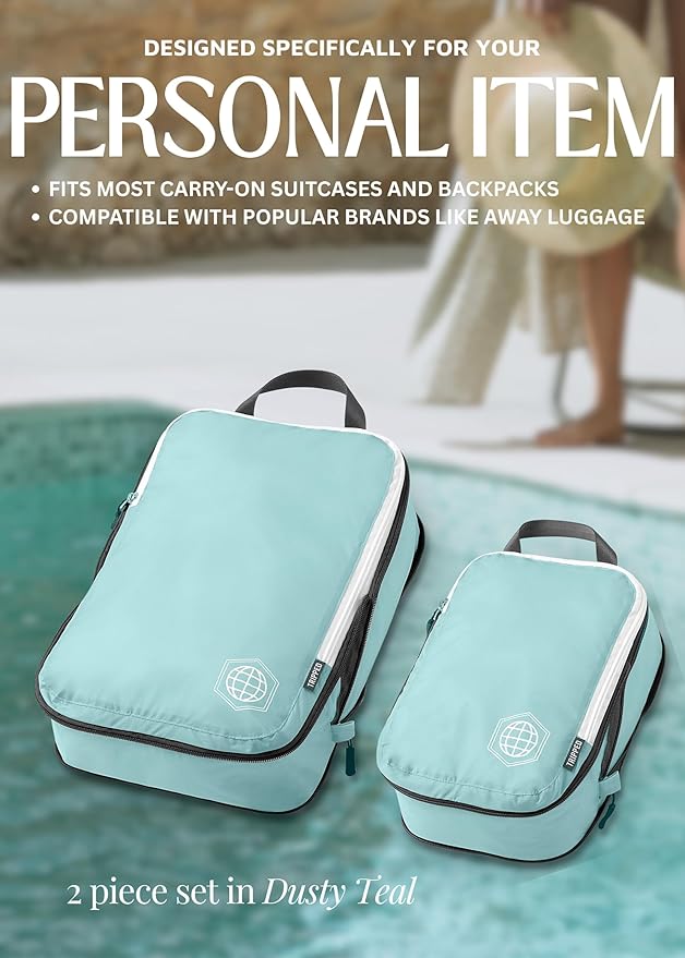Compression Packing Cubes for Travel, 2-Piece Lightweight Packing Cubes Set for Carry-On Luggage & Backpacks – TRIPPED Travel Gear (Dusty Teal/White)