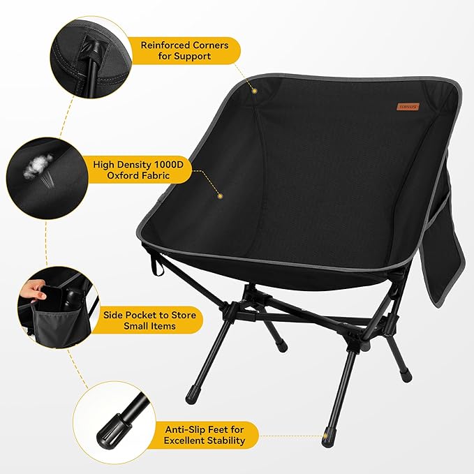 TOBTOS Ultralight Camping Chair, Portable Folding Chair Support 330 lbs, Stable Compact Camp Chair for Hiking Backpacking Travel Beach (Black)