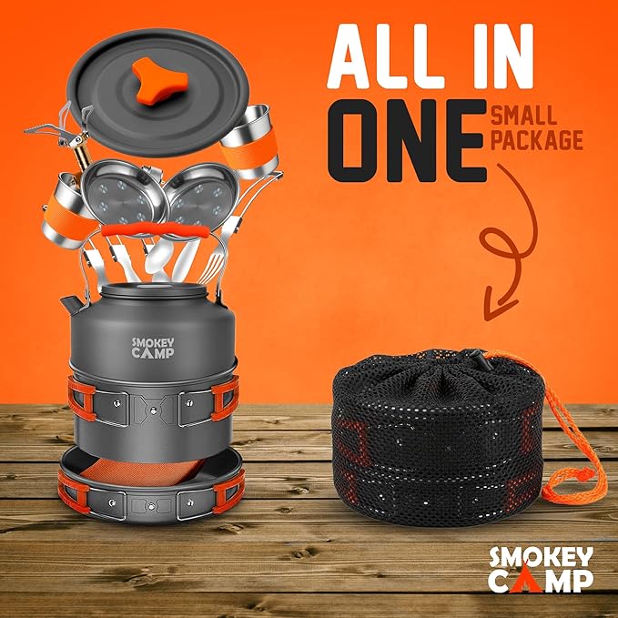Smokey Camp Camping Cookware Mess Kit Set with Stove - Backpacking Camping Pots and Pans Set, All in One Non-Stick Camping Cooking Set, Portable Stove, Hiking, Picnic, Outdoor & Camping Cookware Set