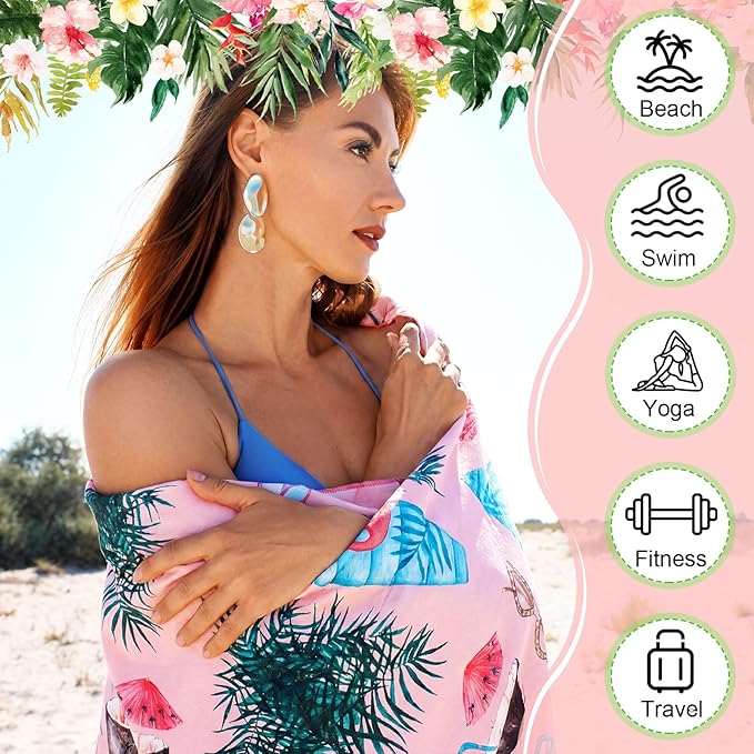 FuWeave 6 Pcs 72 x 36 Microfiber Oversized Beach Towels Large Absorbent Thin Compact Lightweight Sand Free Quick Dry Towels Pack for Travel Pool Yoga Gym Sports Beach Accessories(Flamingo)