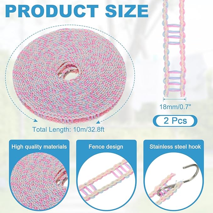 uxcell 2 Pcs Portable Travel Clothesline, 32.8ft Clothes Line Outdoors Travel Hanger Foldable Clothesline Rope with Hooks for Camping Hotel Backyard Home Cruise Ship, Purple