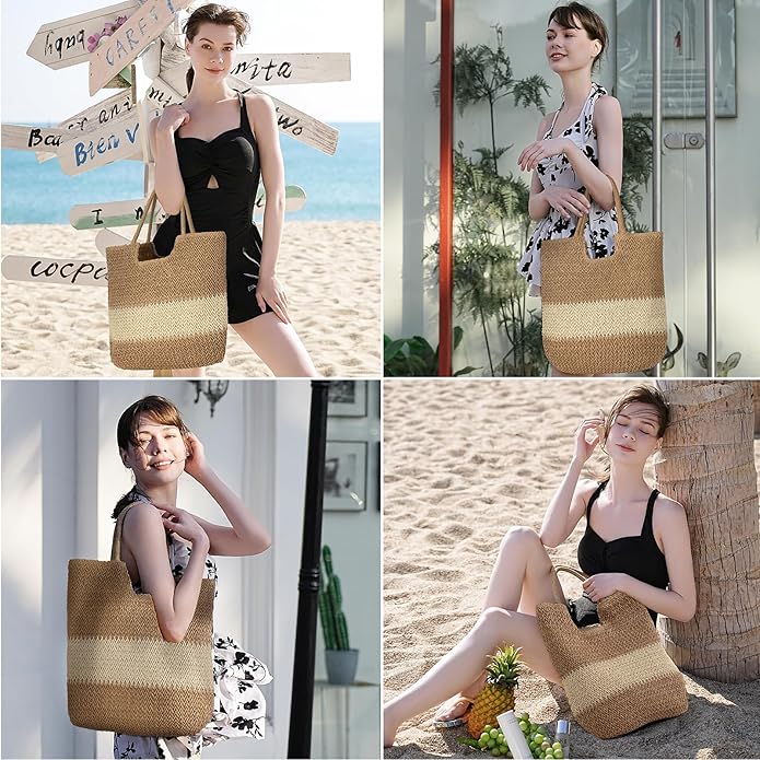 Straw Beach Bags for Women - Summer Woven Tote Bag Shoulder Handbags, Large Beach Bag for Women for Holiday