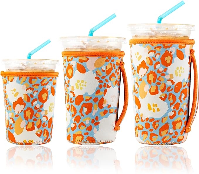 KJQJLY 3 Pack Reusable Iced Coffee Sleeves for Iced Coffee Cups or Drinks Reusable Neoprene Insulated Sleeves for Hot and Cold Drinks from Starbucks, Dunkin, And More (Summer Abstract Flower)