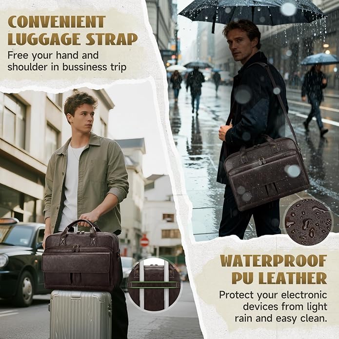 RAINSMORE Mens Laptop Bag PU Leather Messenger Bag 15.6 Inch Briefcase Vintage Computer Satchel Bag for Work Business