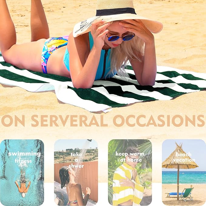Exclusivo Mezcla 2 Pack Cotton Oversized 35x70 Inches Cabana Stripe Beach Towels, Super Absorbent Soft Plush Pool Bath Towel (Dark Green)
