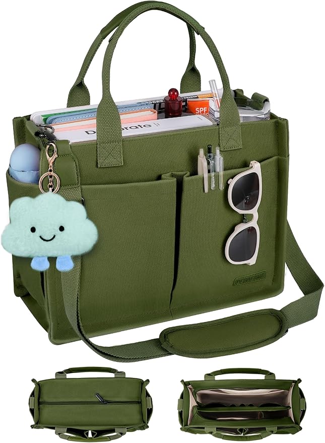 BESBESME Canvas Tote Bag for Women with Zipper & Compartments– Large Work & College Laptop Tote Crossbody Shoulder Bag