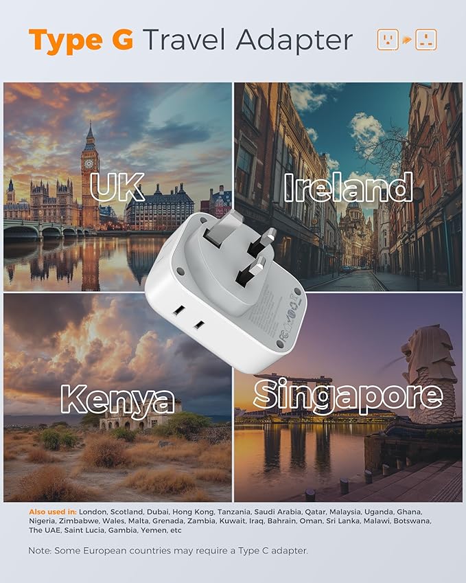 UK Adapters for Travel 2 Pack, TESSAN Type G US to UK Plug Adapter with 4 Outlets 3 USB Charger(1 USB C PD 20W), Power Adaptor for USA to Ireland Scotland Dubai Hong Kong England British Kenya London