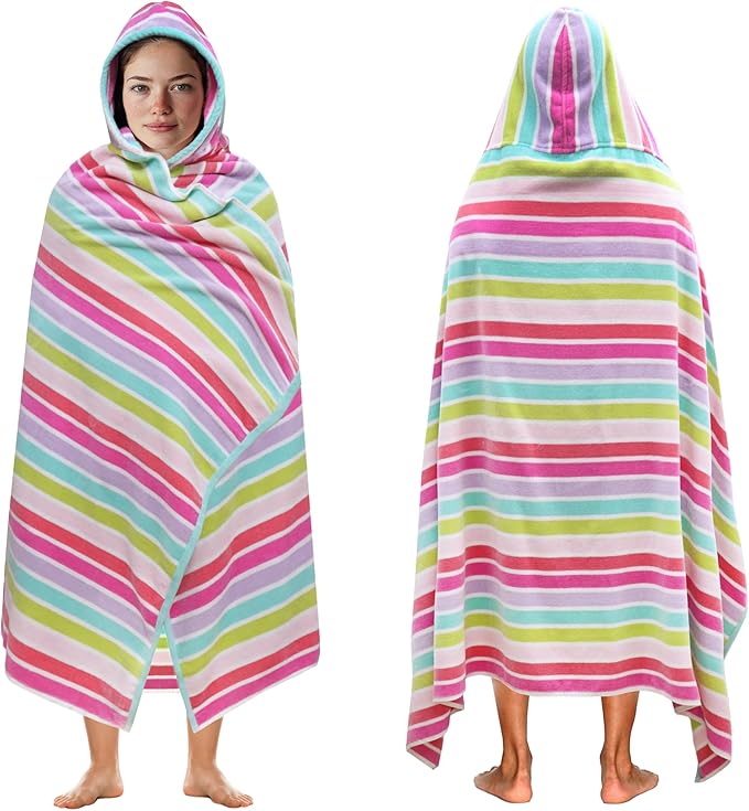 COTTON CRAFT Hooded Beach Towel – Oversized 39 x 68 Towel with Hood for Adults - 100% Cotton Velour Dobby Terry 450 GSM Pool Bath Wrap - Soft Absorbent Quick Dry – Pink Multi
