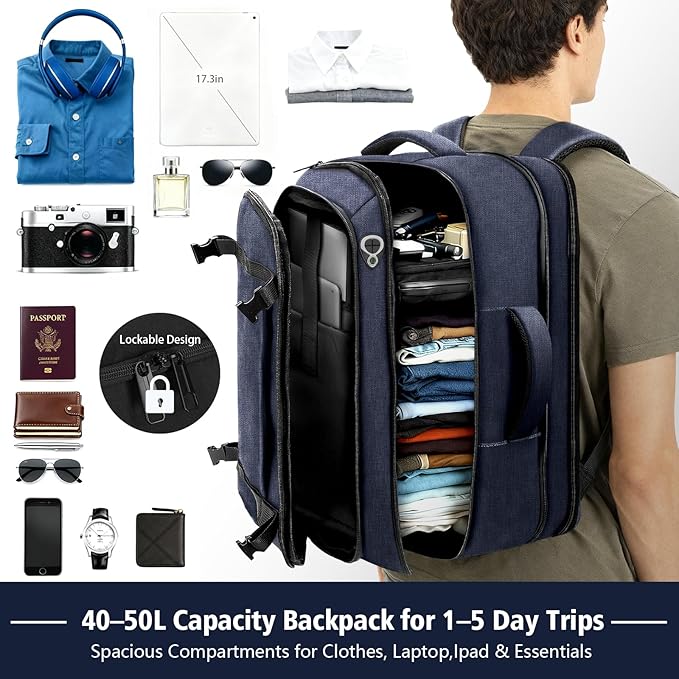 Flight Approved Travel Backpack with LifetimeWarranty,Expandable Carry on Backpack 40-50L with Cable Access Port,Fits 17.3"Laptop,Flight TSA friendly,Anti Theft Laptop Backpack Travel,Commuting,Blue