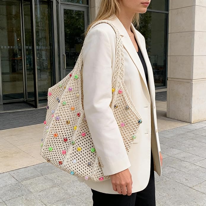 Boho Crochet Beach Tote Shoulder Bag with Colored Beads | Colorful Aesthetic Hippie Knit Bag for Women
