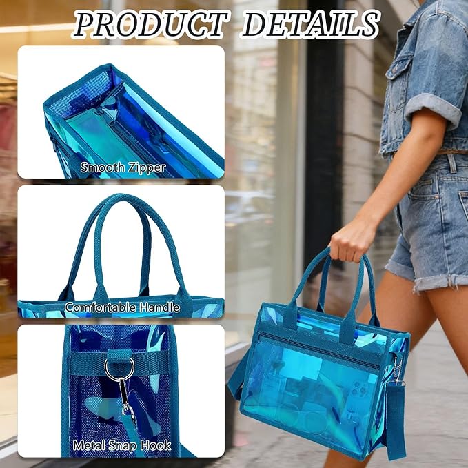 Fammart Iridescent Clear Beach Bag for Women, Jelly Tote Bag Waterproof Sandproof Pool Bag Cruise Vacation Essentials