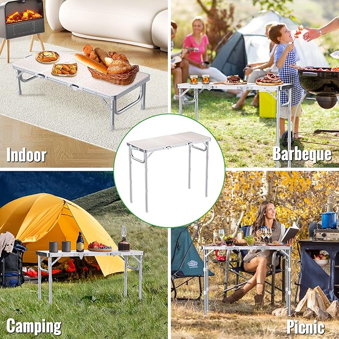 GARLLEN Folding Camping Table, 3-Height Adjustable Portable Folding Camping Table with Storage Bag, Lightweight Picnic Aluminum Table for Camping, BBQ, Outdoor, 34.2" L x 15.7" W, Silver