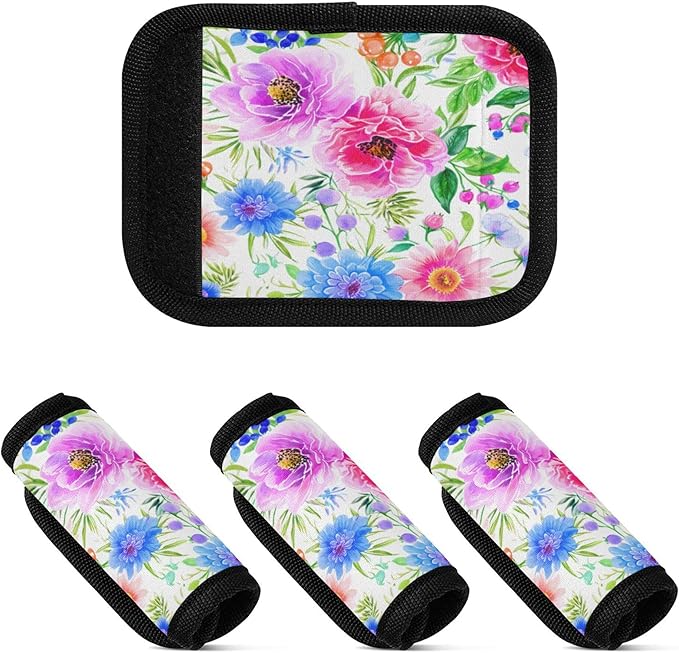 2 Pack Colorful Flowers Luggage Handle Wrap, Detachable Luggage Tag, Neoprene Suitcase Wrap with Comfort Grip & Bright Identifier for Suitcase, Travel Bag, Sports Bag