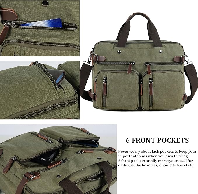 CROCOD 3 In 1 Canvas Convertible Laptop Bag for Men Women, 17.3 inch Laptop Messenger Bag Work Briefcase, Computer Shoulder Bag for Travel Business Office (Green, 17.3 Inch)