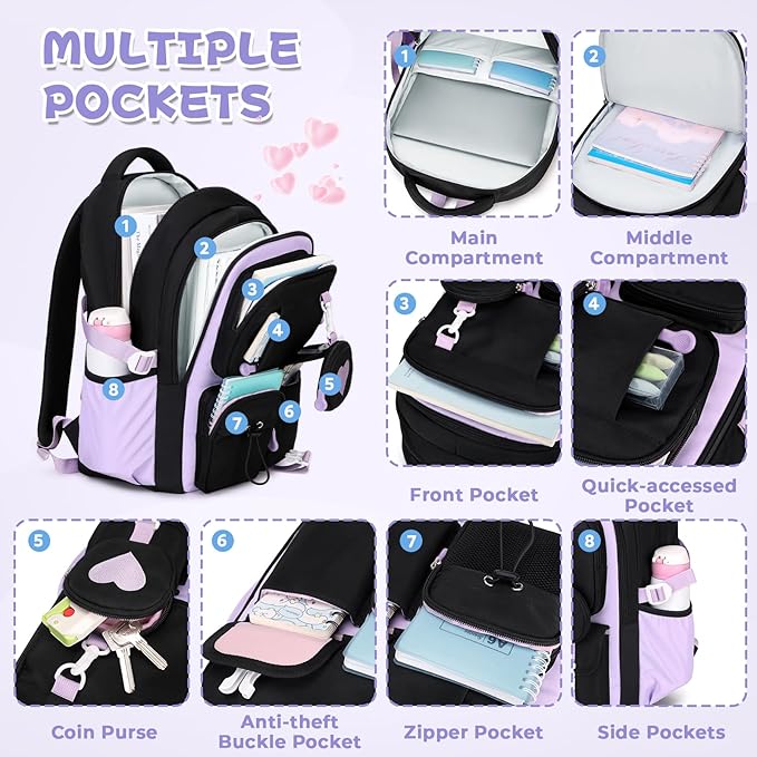 MOONBABY Girls Backpack, Kids Backpack for Girls, School bag for Primary Elementary Teenage, Middle School Students Bookbag