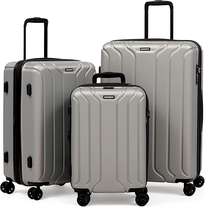 NONSTOP NEW YORK Luggage Expandable Spinner Wheels hard side shell Travel Suitcase Lightweight, TSA Lock, Double USB Port (Silver, 3-Piece Set (20/24/28))