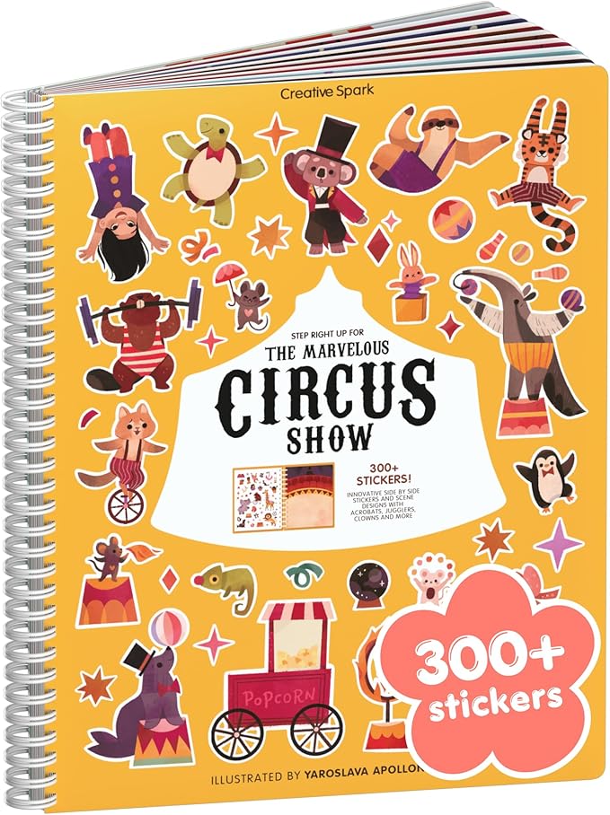 Circus Show 300+ Kids Sticker Book by Cupkin Toddler Airplane Travel Coloring and Sticker Book, Road Trip Essentials, 8 Coloring Pages 8 Side by Side Scenes for Ages 2–8 Years