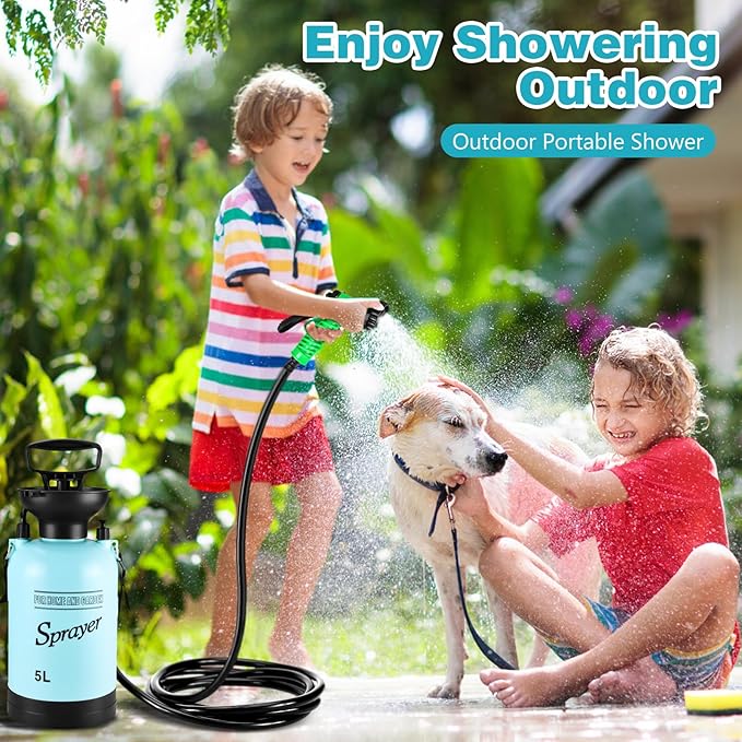 Vevitts Portable Pressure Sprayer Shower 5L for Camping with 7 Spray Modes, Hand Press Camping Shower with Hose and Shower Head, Hiking Traveling Shower Garden Sprayer Pet Shower Blue