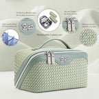 BOYATU Travel Makeup Bags for Women: Large Capacity Make up Bag with Wide Opening - 3 Pcs Set Waterproof Travel Toiletry Organizer for Full-Sized Bottles, Cosmetics & Brushes (Light Green-W)