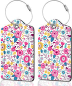2Pack Luggage Tags for Suitcases, Cute Unique Pu Leather Cruise Luggage Tag with Privacy Cover ID Label Address Card and Metal Ring Suitable for Women Men Kids Travel Bag Pink and Yellow Flowers 1