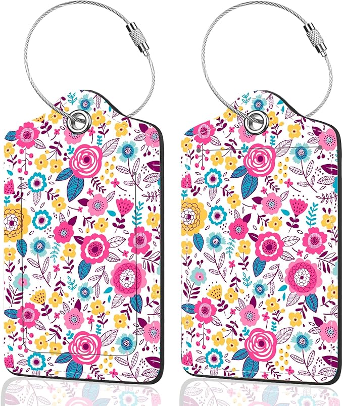2Pack Luggage Tags for Suitcases, Cute Unique Pu Leather Cruise Luggage Tag with Privacy Cover ID Label Address Card and Metal Ring Suitable for Women Men Kids Travel Bag Pink and Yellow Flowers 1