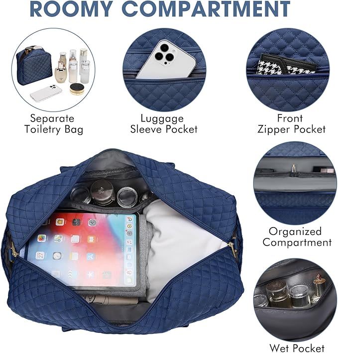 Large Women Travel Duffle Bag - Carry on Overnight Bag Weekend Travel Duffel Tote Bag Yoga Gym Bag with Wet Pocket Toiletry Weekender Overnight Bag for Travel Business Trips Sport Hospital Navy