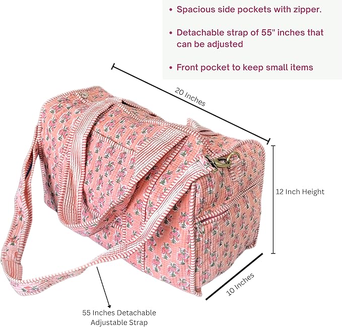 ATOSII Large Duffle Bag, Handblock Print 100% Quilted Cotton for Overnight Trip, Travel Weekender, Luggage, 2 Pockets with Zipper 1 Front Pocket, Detachable Long Strap, 20 X 10 X 12 Inches, Peach Aura