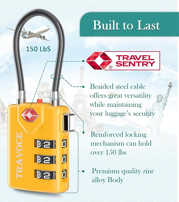 Search Alert TSA Approved Travel Combination Luggage Cable Locks for Suitcase, Gym Locker,Toolbox,Backpack 1,2,4,6 &10 pk (Yellow 2 Pack)