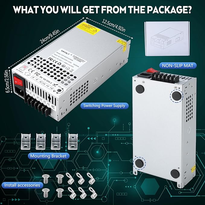 VAYALT 12V 100A 1200W DC Switching Power Supply, Universal Regulated Switching AC 110V/220V to DC 24V Transformer, Power Supply for Industrial, CCTV, Computer Project, LED Strip Light(No Power Cord)