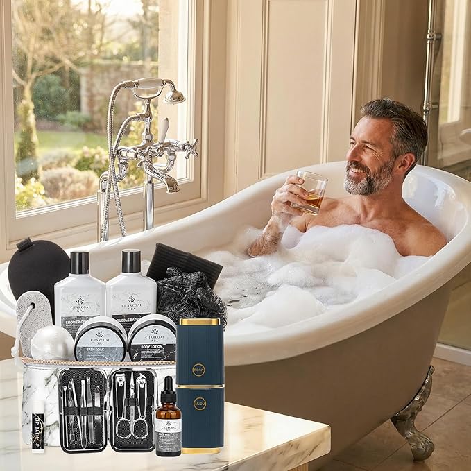 23pcs Bath and Body Gift Basket for Men & Women, Charcoal Home Spa Kit, Leather Bag, Skin Care Set, Self Care Kit, Christmas, Birthday,Anniversary, Mother's Day Gift, Mom, Dad, Wife