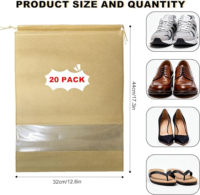 20 Pack Shoe Bags for Travel, 17" x 12.6" Drawstring Shoe Organizers with Clear Window, Breathable Non-Woven Dustproof Pouches for Luggage & Closet (khaki)