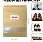 20 Pack Shoe Bags for Travel, 17" x 12.6" Drawstring Shoe Organizers with Clear Window, Breathable Non-Woven Dustproof Pouches for Luggage & Closet (khaki)