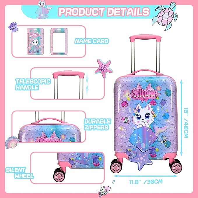 Cute Cat Kid's Luggage Set - 5 Piece Hardside Suitcase Set with Spinner Wheels - Airline Approved