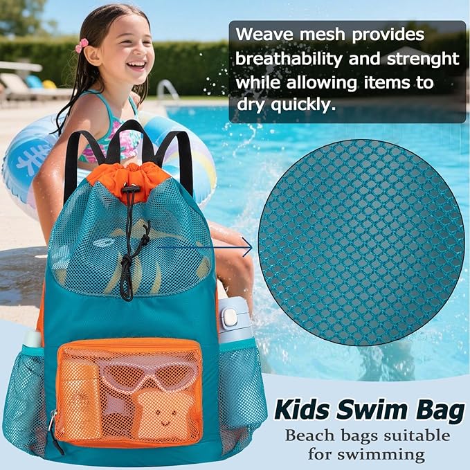 Swim Bag for Kids Mesh Beach Backpack for Boys Lightweight Drawstring Beach Bag Swimming Pool Sports Gym String Bag (Green)
