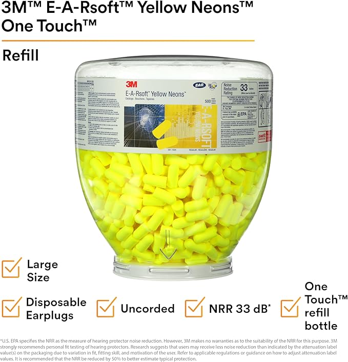 3M Ear Plugs, E-A-Rsoft Yellow Neons 391-1005, Bottle of 400 Pair of Disposable Earplugs, Slightly Longer, Uncorded, 33 NRR, Tapered Cylinder Shape, Slow Recovery Foam