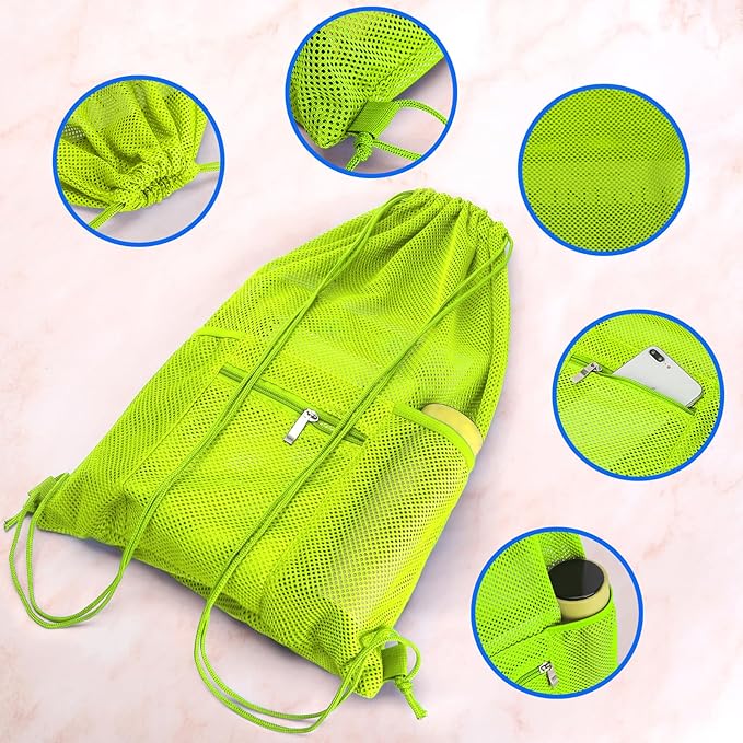 NATURAL STYLE Mesh Drawstring Backpack Bag, Gym Sports Bag with Zipper Pocket Bottle Holder, String Beach Bag for Swiming Travel (Green)
