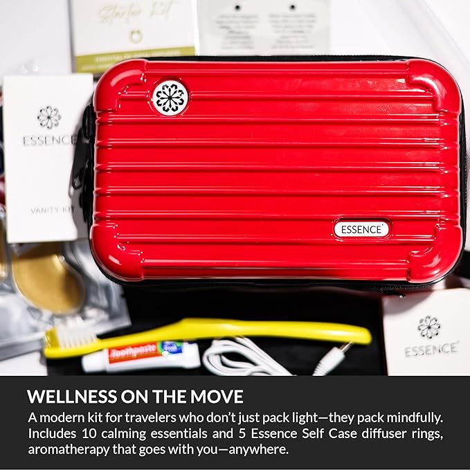 Essence Travel Amenity Kit | Travel Essentials & Travel Size Toiletries Kit | 5-Pack Nasal Diffuser Rings, Sleep Mask, Lotion & Hygiene Kit | Travel Toiletry Kit for Women | Red Case