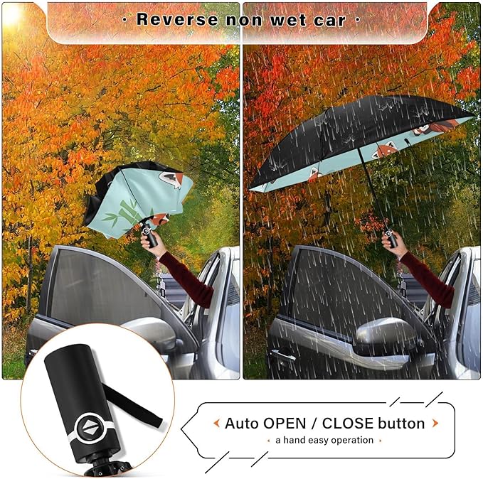 Cute Red Panda Pattern Folding Umbrella Compact Travel Automatic Open Close Sun UV Protection Reverse Inverted Umbrella for Rain Women Men Outsid