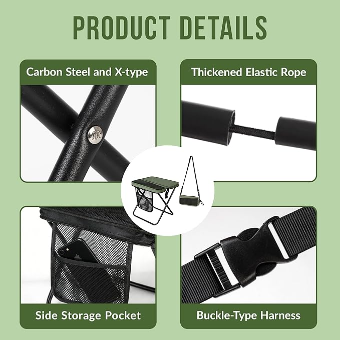 12" Portable Collapsible Stool - Folding Chair with Storage Pouch, Convertible Satchel for Hands-Free Carry & Supports 265Lbs, Ultralight for Hiking, Fishing, Camping, Festivals (Green, Standard)