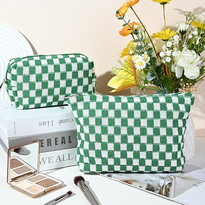 SOIDRAM 2 Pieces Makeup Bag Large Checkered Cosmetic Bag Capacity Canvas Mix Travel Toiletry Bag Organizer Cute Makeup Brushes Aesthetic Accessories Storage Bag for Women, Checkered Mix Green