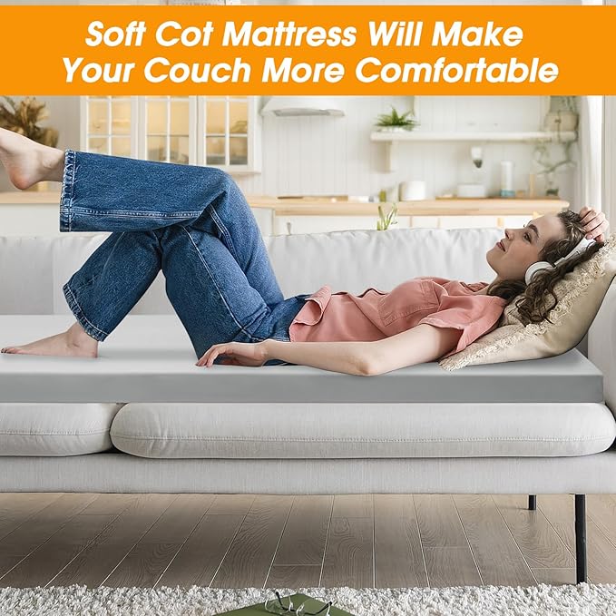 CYMULA Camping Cot Mattress 2in Memory Foam Sleeping Pad,Soft Warm Non-Slip Camping Mattress Topper with Retaining for Adults,Portable Roll up Pad for Travel（only Mattress）