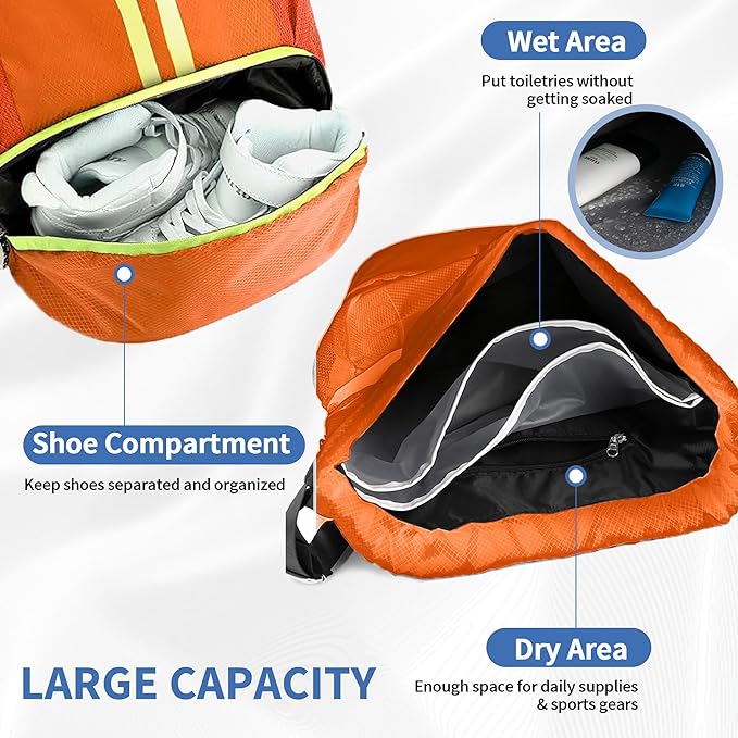 JELUTAR Drawstring Backpack Gym Bag with Shoes Compartment for Soccer, Basketball, Swim, Water-Resistant String Backpack Beach Cinch for Women Men, Orange