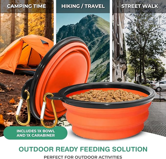 Collapsible Dog Bowls for Travel, Portable Dog Water Bowl & Food Bowl for Dogs and Cats, Foldable Pet Feeding Dish for Walking Hiking Camping with Carabiner, BPA Free, Orange