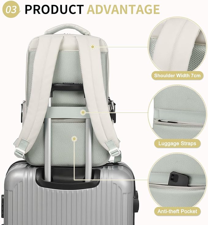 Waterproof Laptop Backpack for Men & Women, Flight Approved Anti-Theft Daypack with 15.6-inch Laptop Sleeve (Beige)