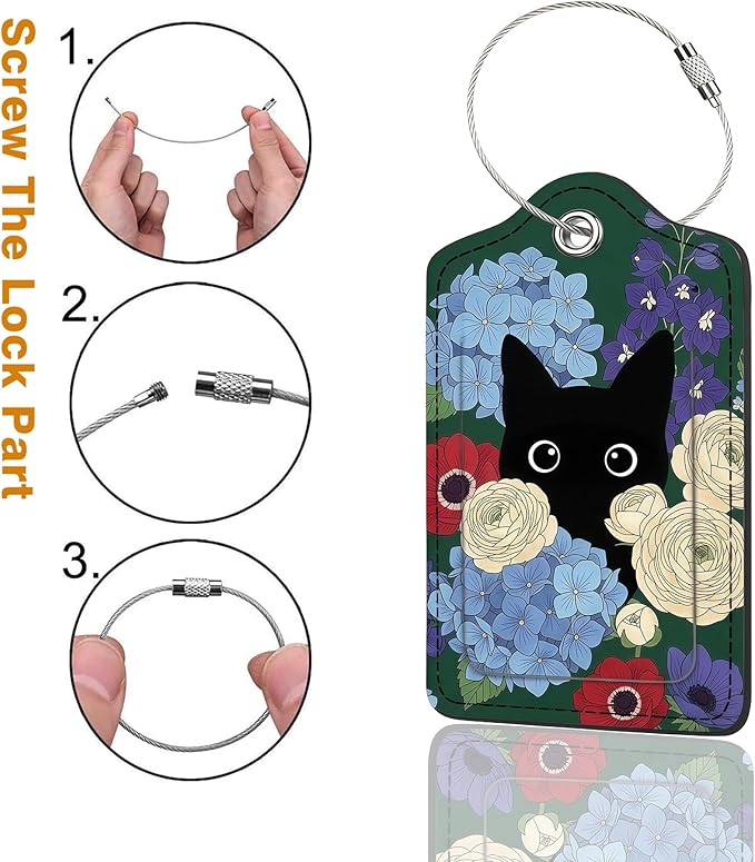 2 Pack Luggage Tag for Suitcase, Cute Unique Leather Bag Tags Identifiers Privacy Cover ID Label with Durable Steel Loop for Women Men Kids Girls Travel (BlackcatA)